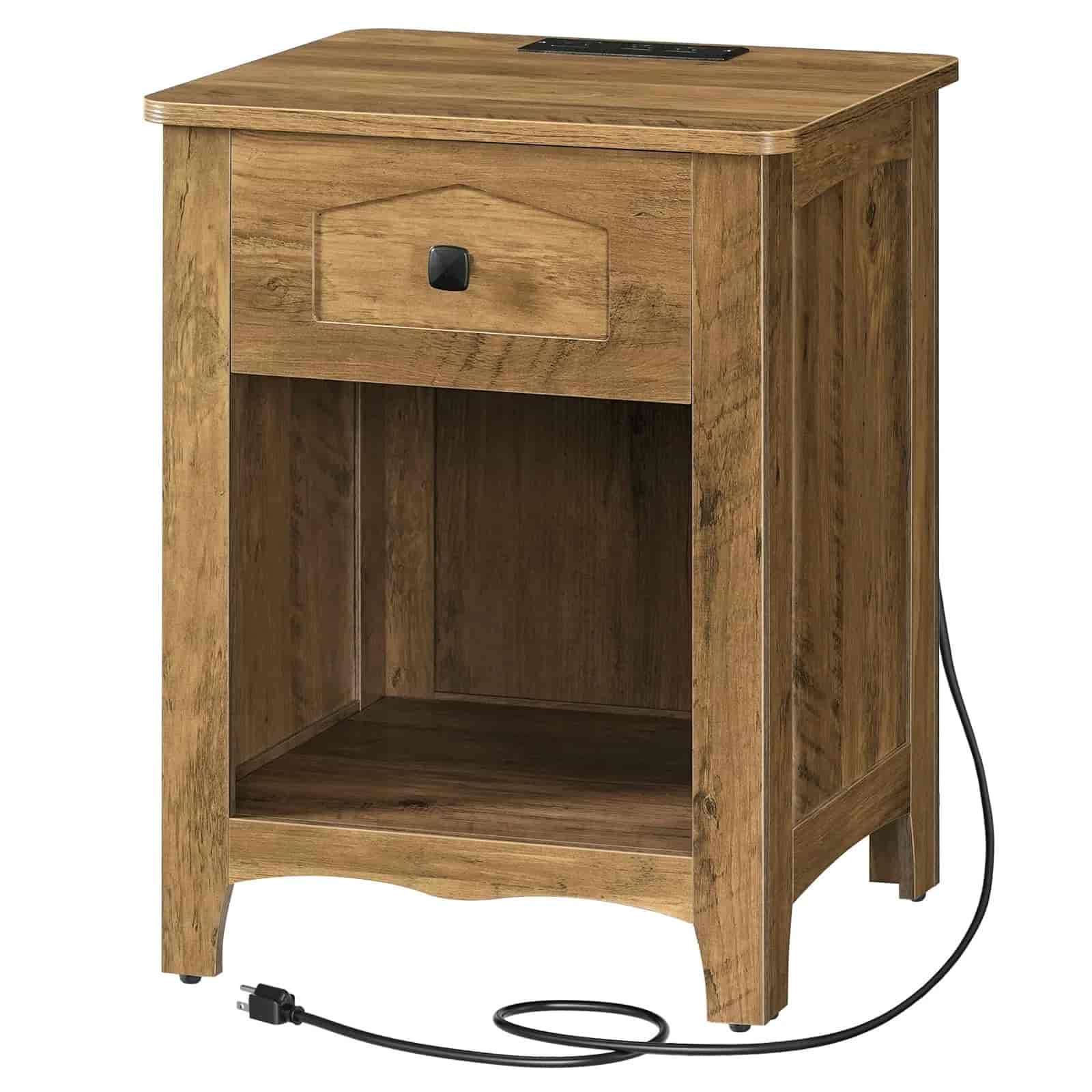 Wooden side table with a drawer and power outlet on a white background