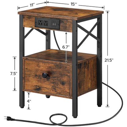 Detailed size dimensions chart for the rustic brown bedroom nightstand showing height and width.