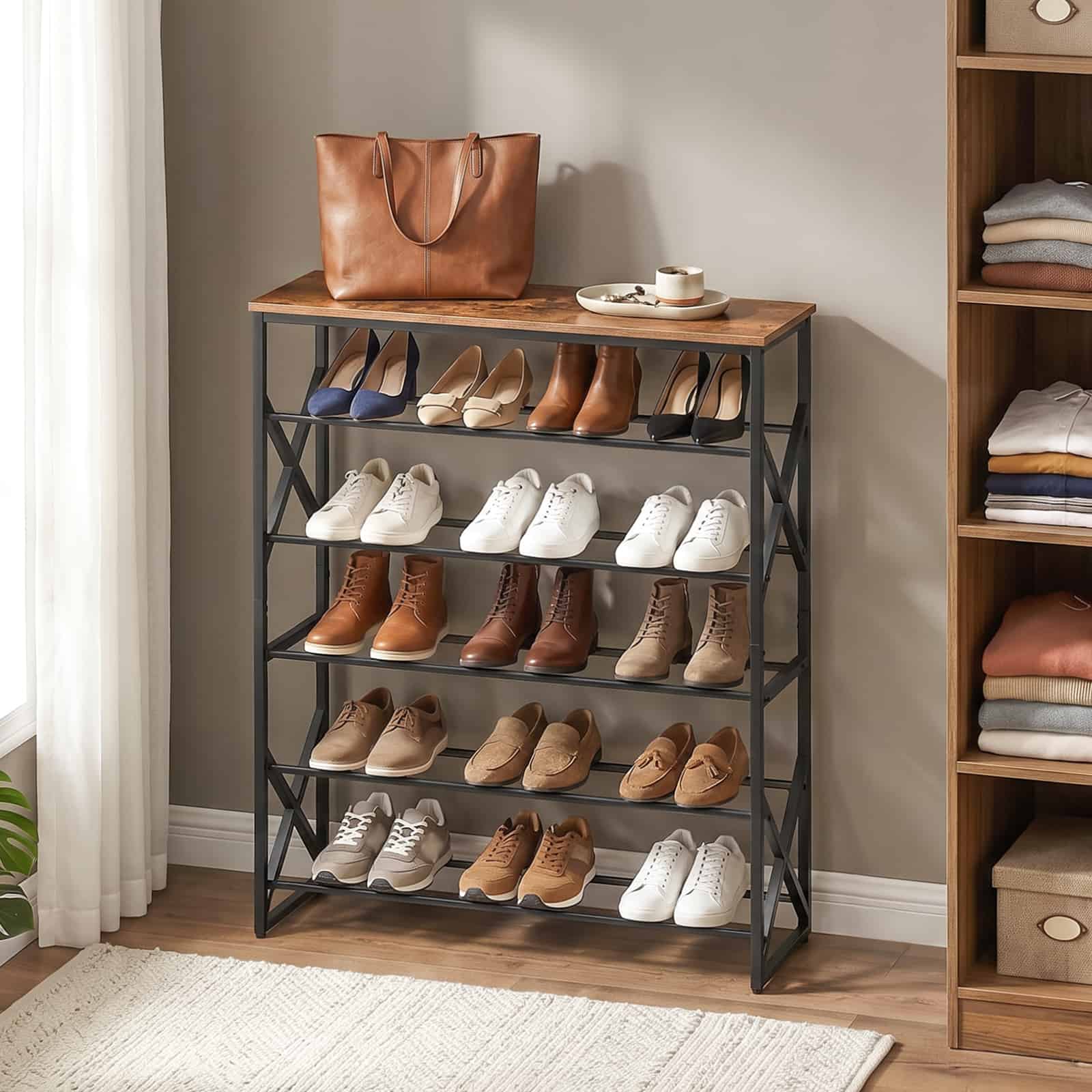  Side angle of the rustic brown shoe rack bench highlighting its multi-tier storage capacity in a walk-in closet space.