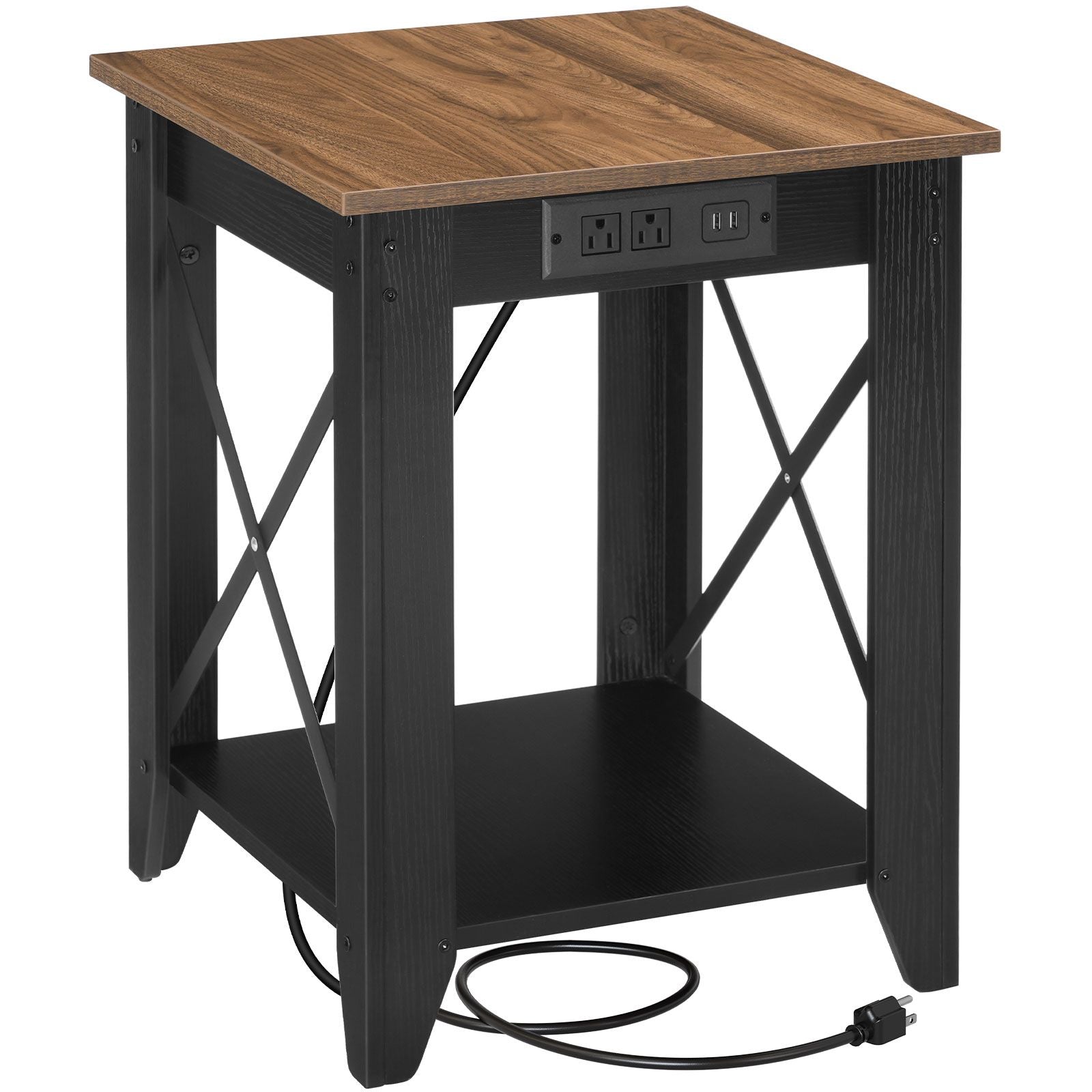 Studio white background front shot of an empty rustic brown square side table showing the black metal X-brace frames and trailing power cord.