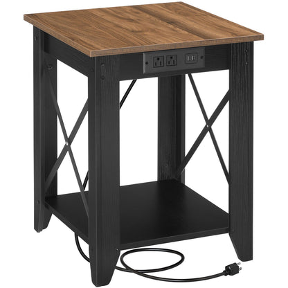 Studio white background front shot of an empty rustic brown square side table showing the black metal X-brace frames and trailing power cord.