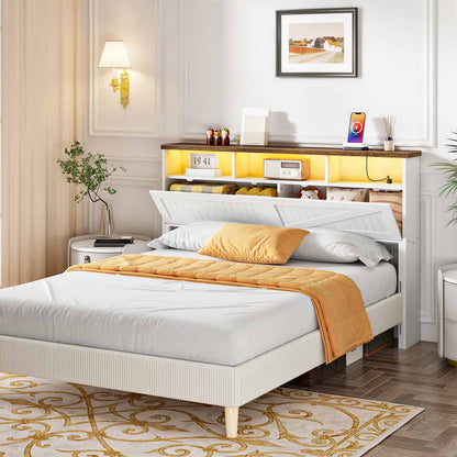Angled bedroom view showcasing the white headboard with a rustic brown top shelf and glowing ambient lighting behind the pillows.