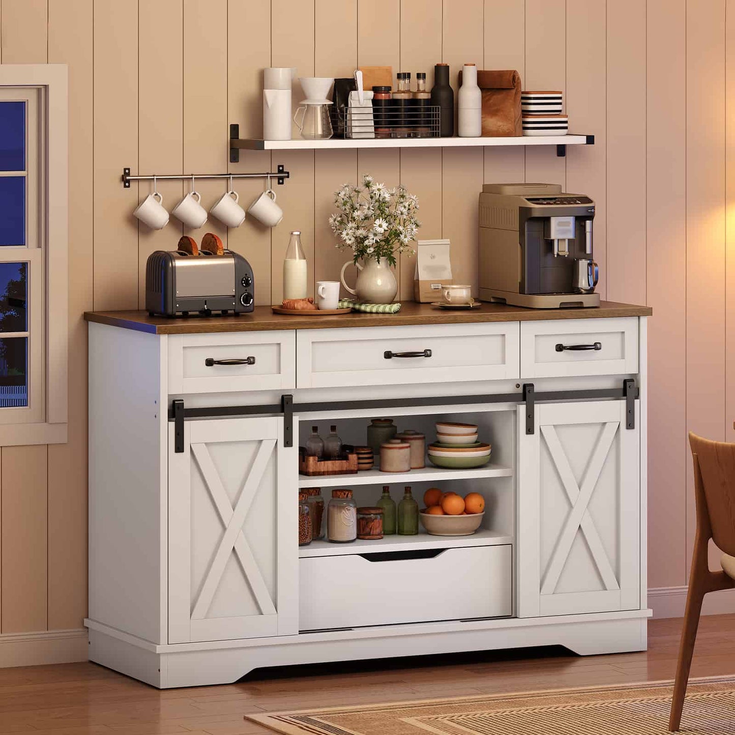 Rustic dining room credenza serving as a dedicated home coffee bar station with kitchen appliances and floating wall shelf.