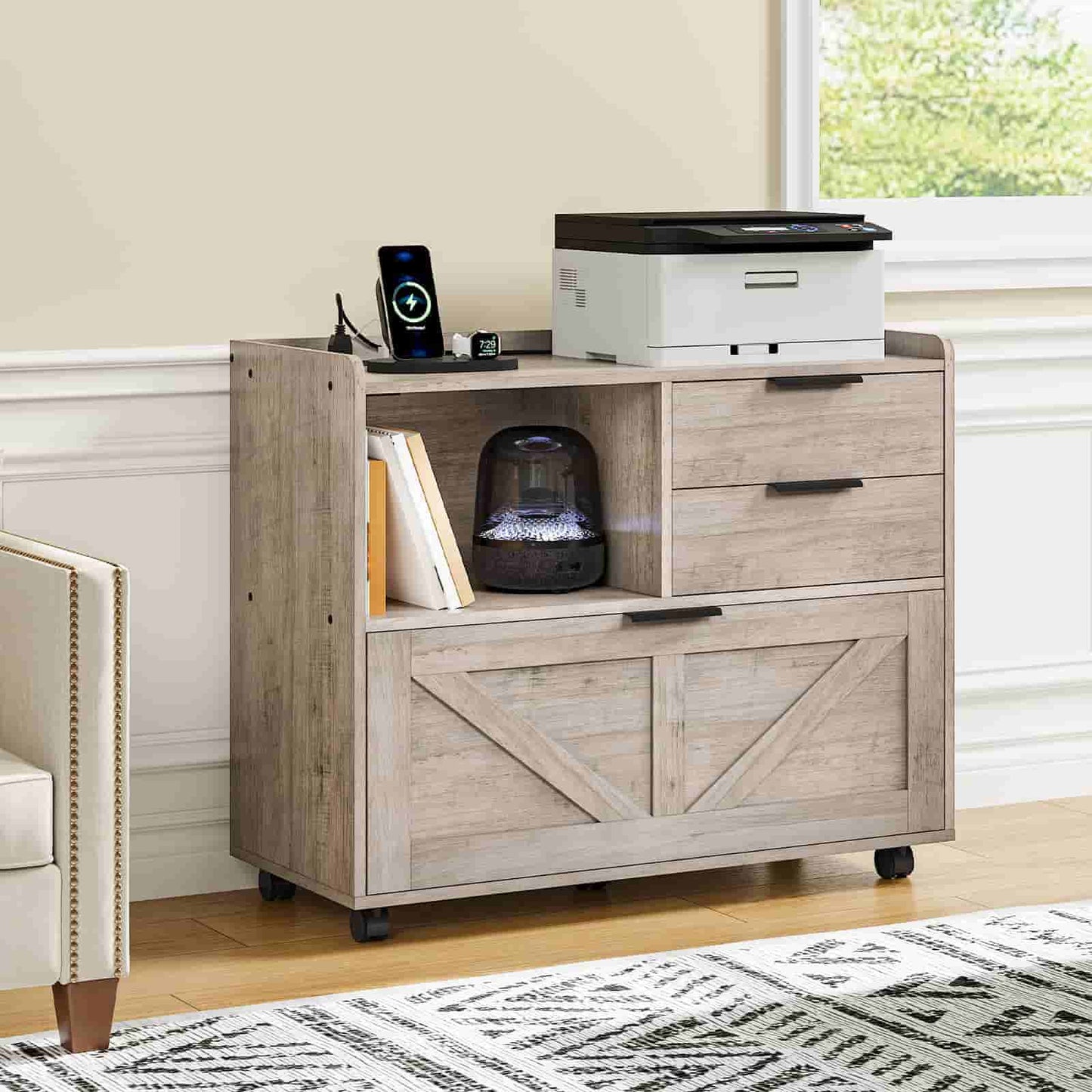 Farmhouse style grey wood printer holder cabinet neatly placed next to an office armchair.