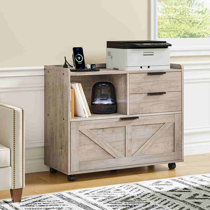 Farmhouse style grey wood printer holder cabinet neatly placed next to an office armchair.