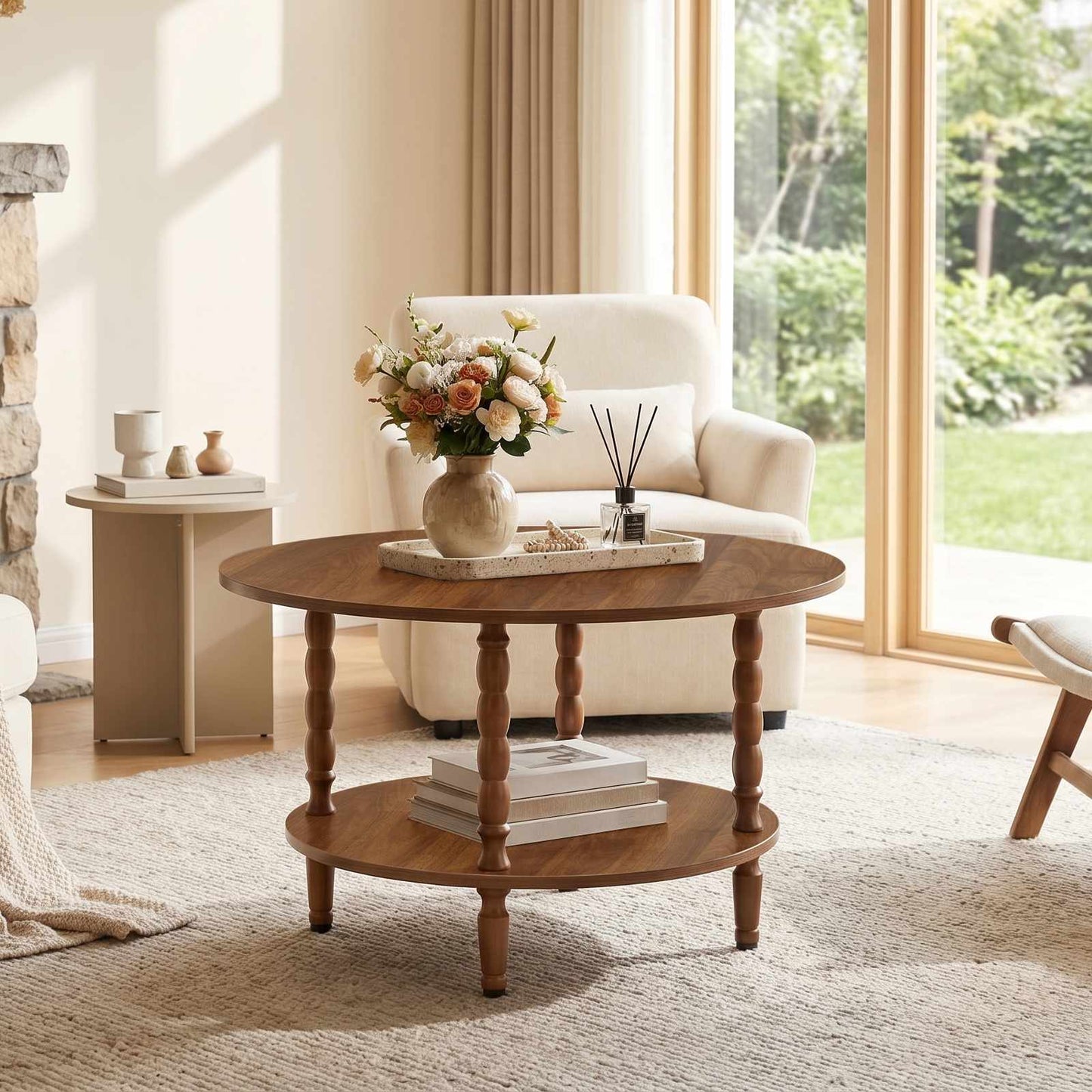Rustic round tea table placed in a cozy lounge area with an armchair and indoor plants.