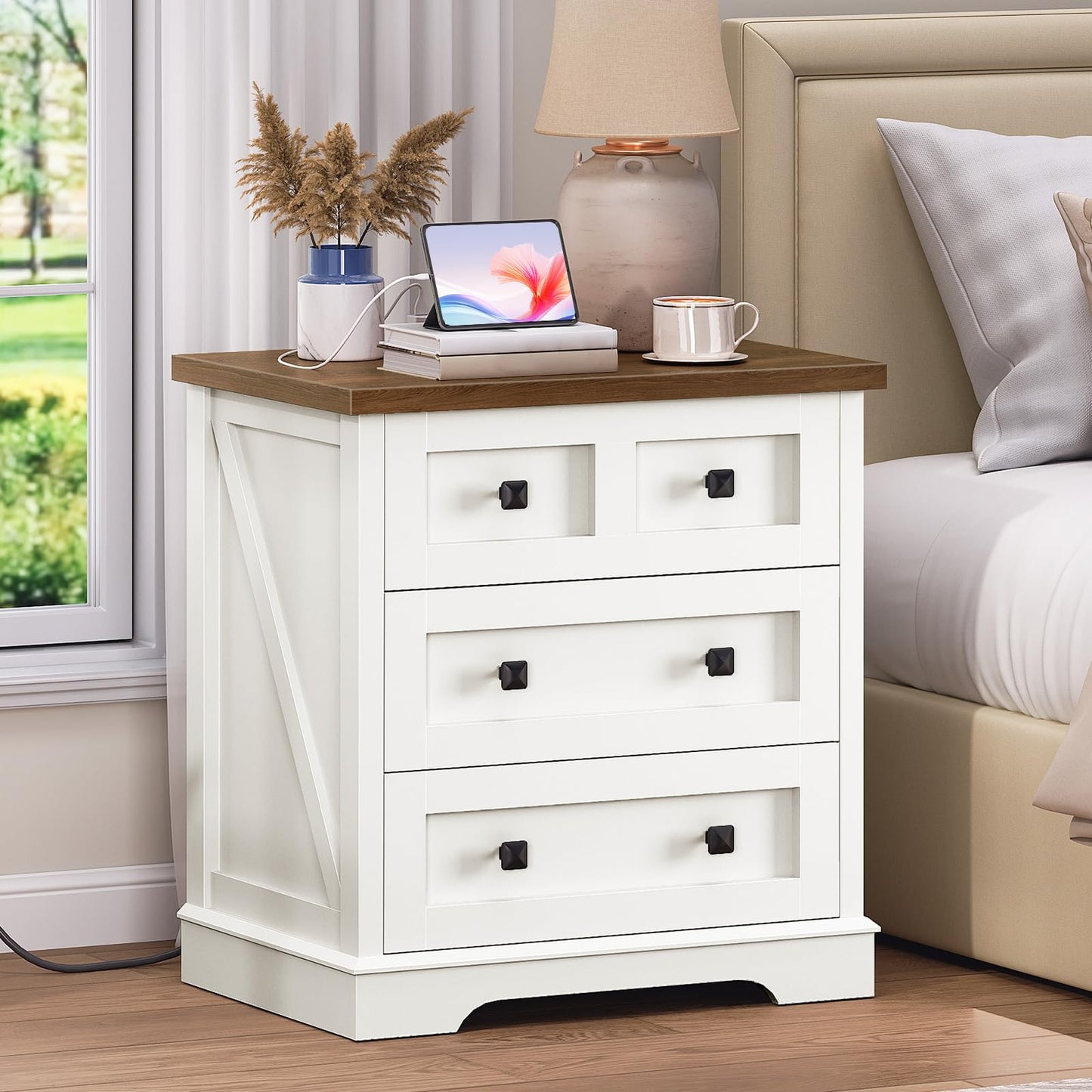 Rustic white bedroom nightstand with ample storage blending into a cozy cottage style bedroom decor.