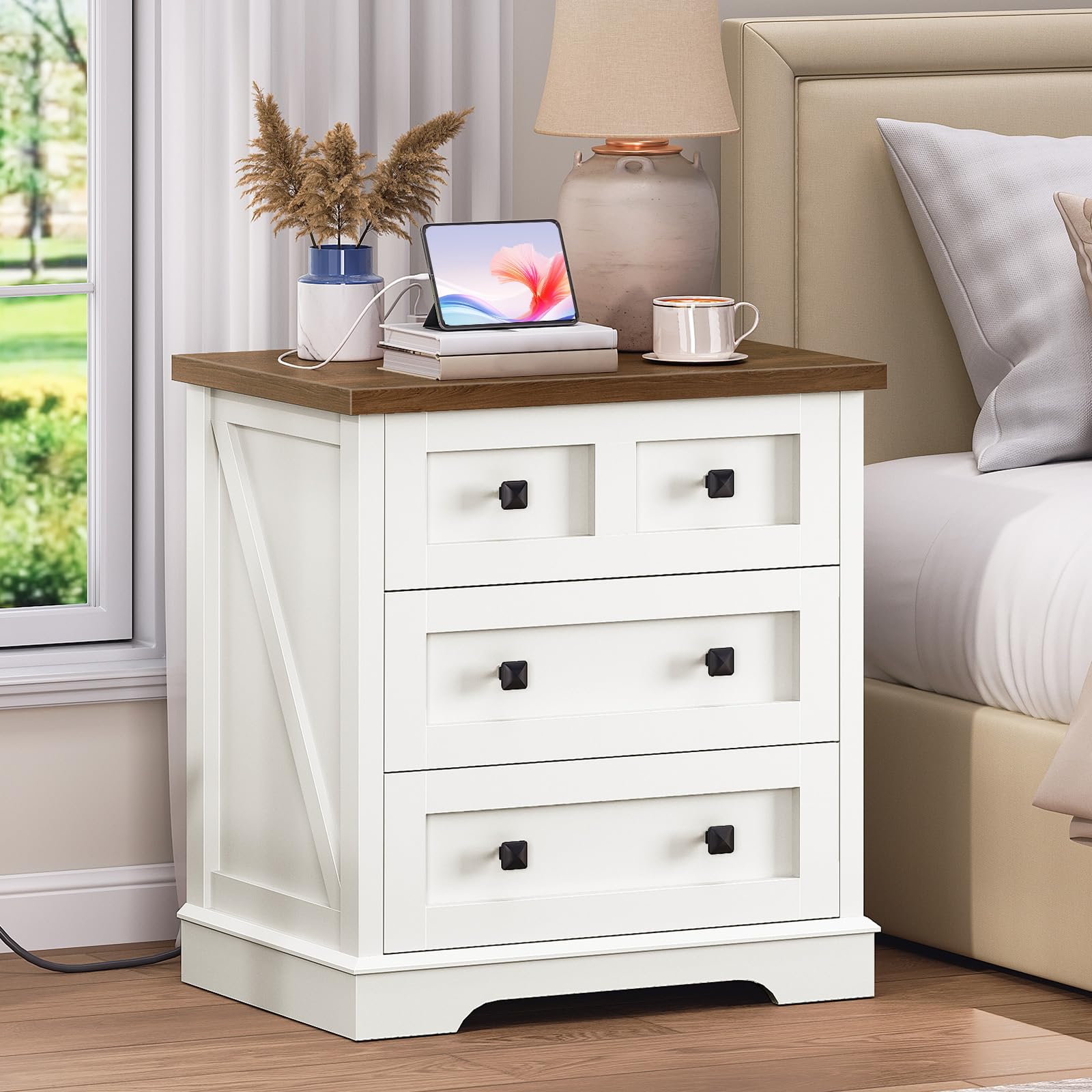 Rustic white bedroom nightstand with ample storage blending into a cozy cottage style bedroom decor.