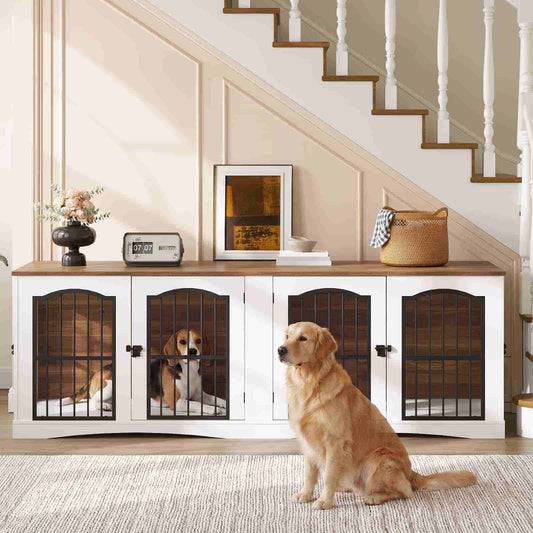 Dog kennels in a white cabinet with a dog sitting in front of it, under a staircase.