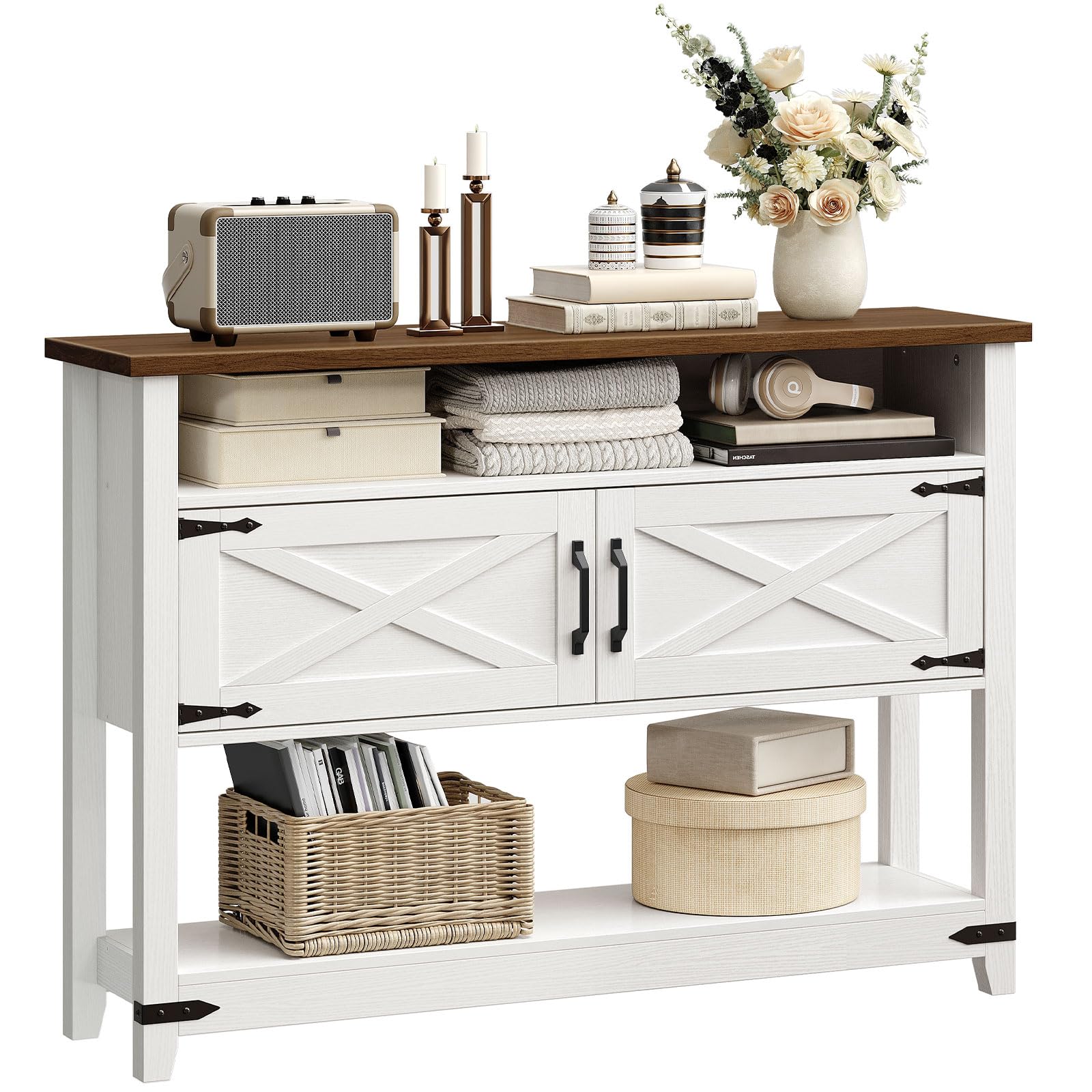 Rustic white sofa table with enclosed cabinets and industrial black metal hardware accents