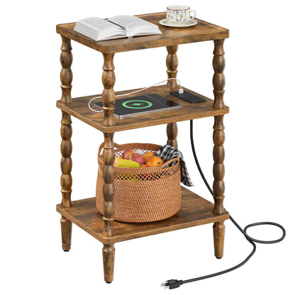 Studio shot of a 3-tier rustic wood side table with built-in power strip and wireless charging pad on the middle shelf.