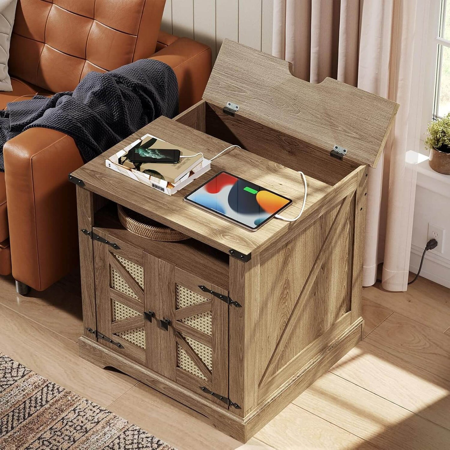 Wooden storage ottoman with items on top in a living room setting