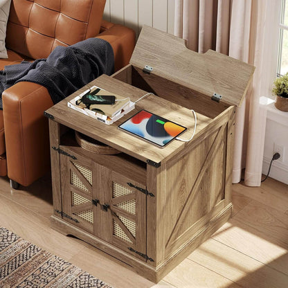 Wooden storage ottoman with items on top in a living room setting