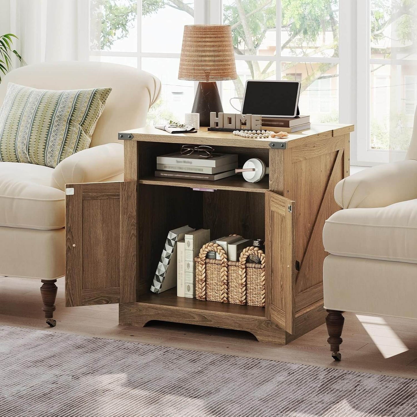Wooden side table with shelves in a living room setting