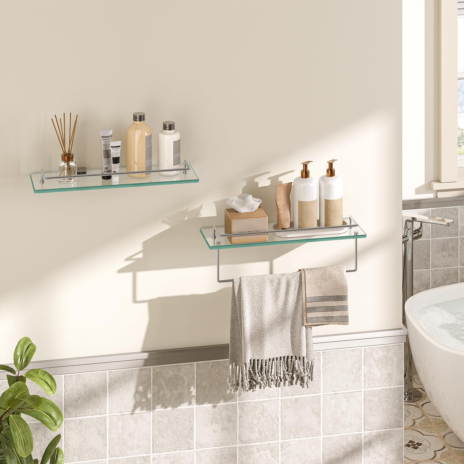 Bathroom with glass shelves holding toiletries and a towel, with a plant and toilet in the background.
