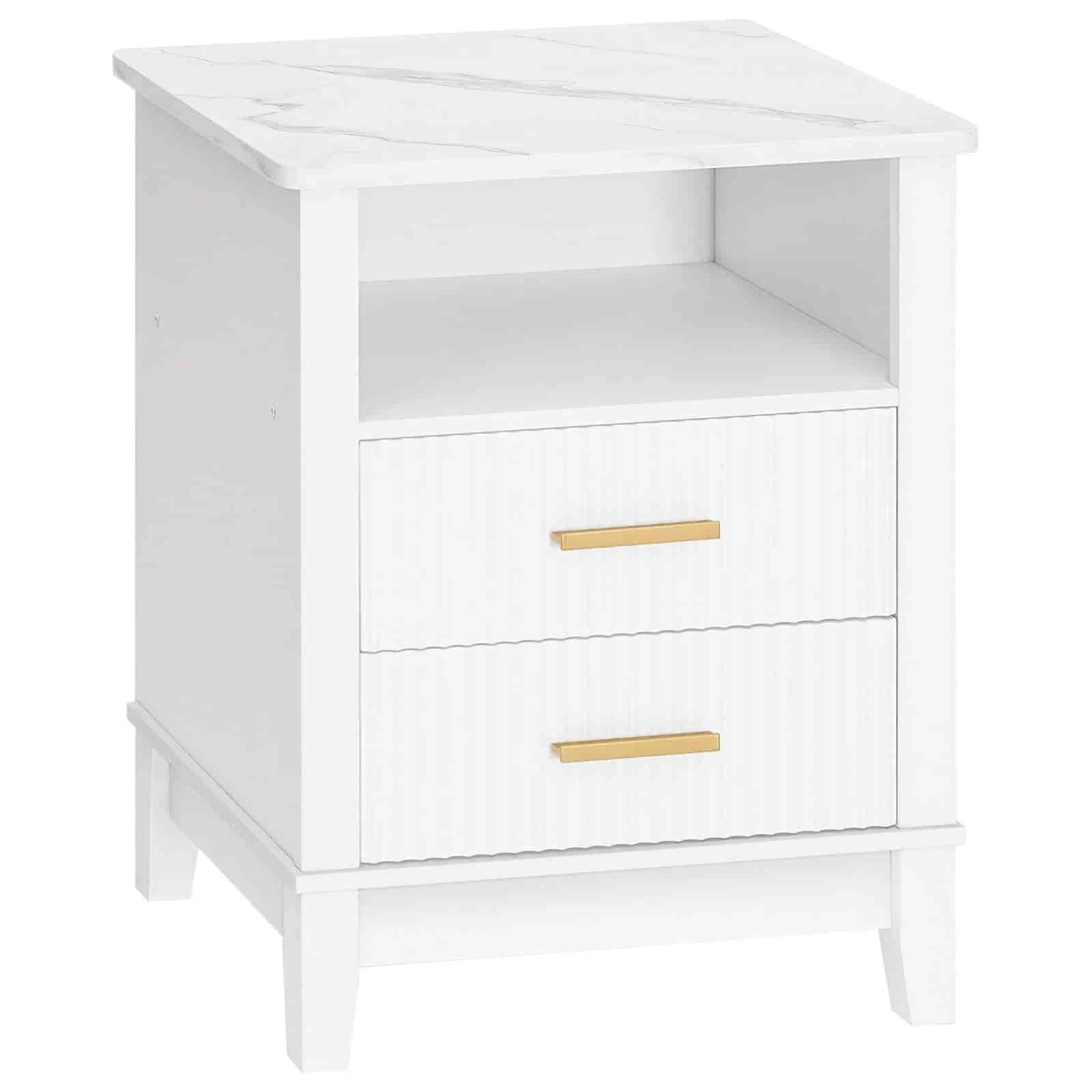 White corner nightstand with two drawers and gold handles on a white background