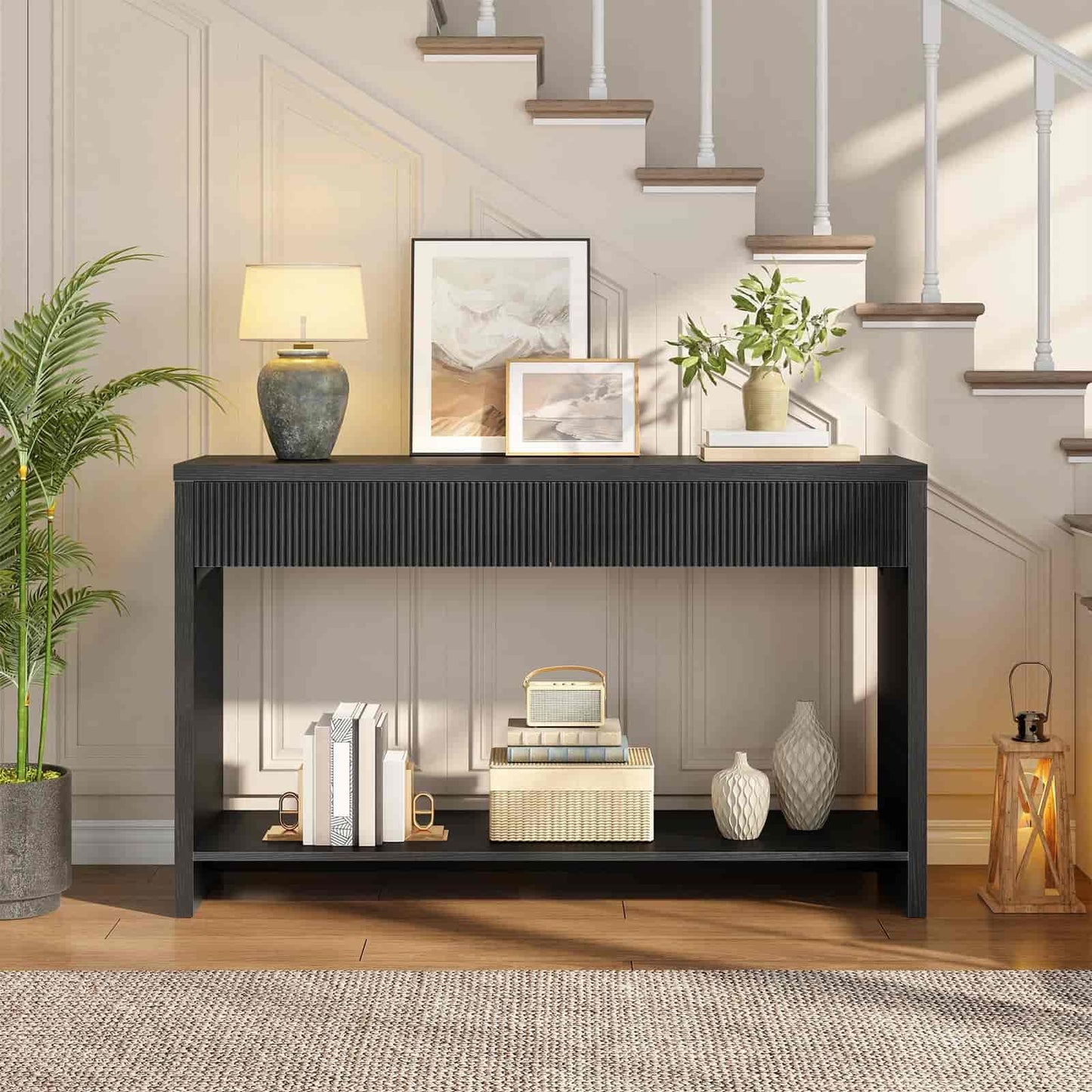 Console table with decorative items in a home setting