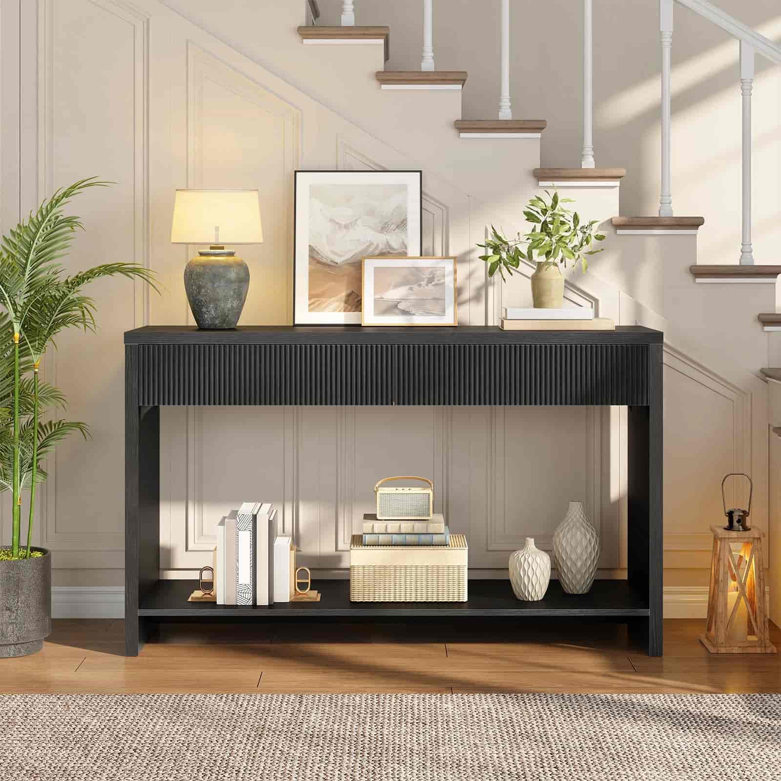 Console table with decorative items in a home setting