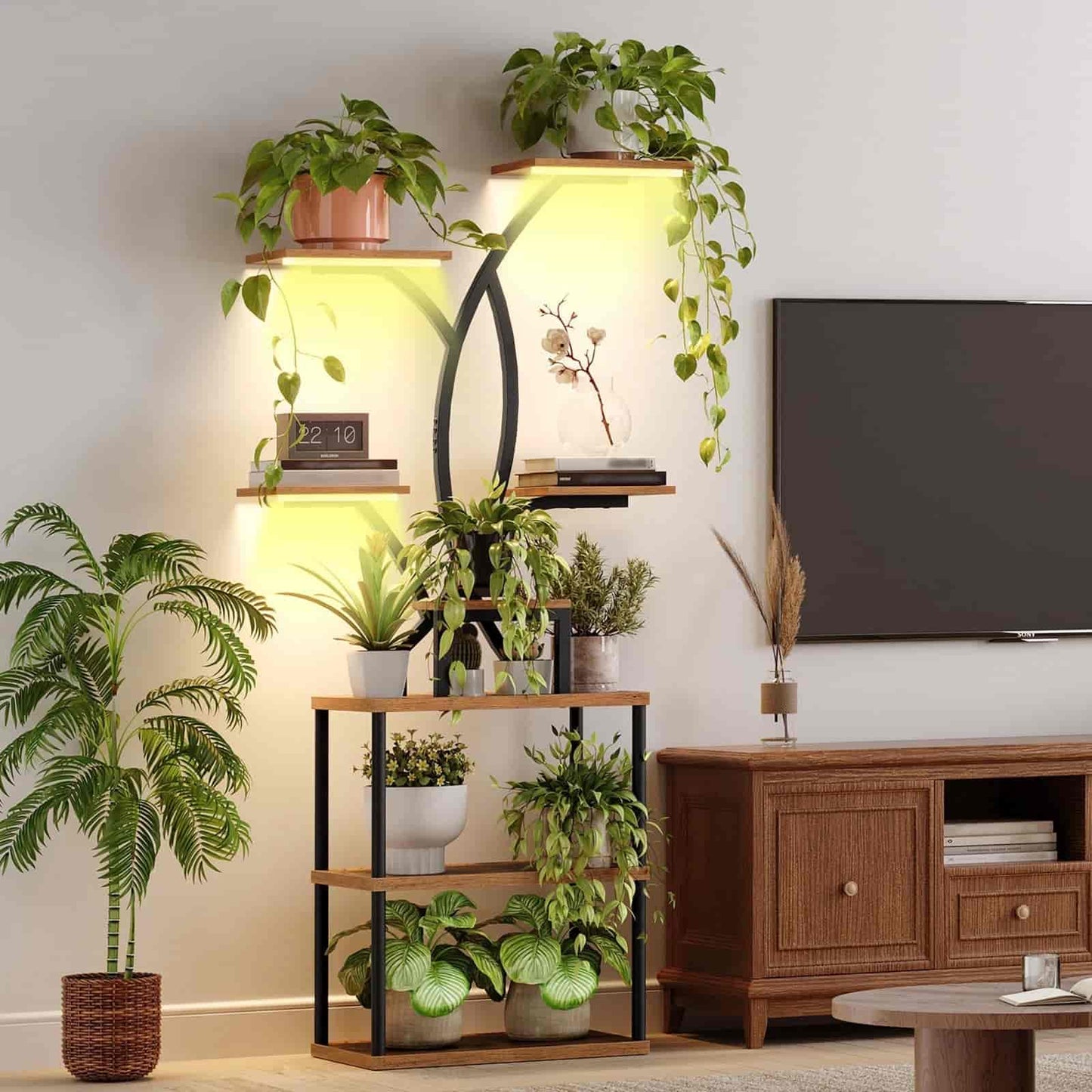 Modern living room with a wooden TV stand, decorative shelves with plants, and a television.