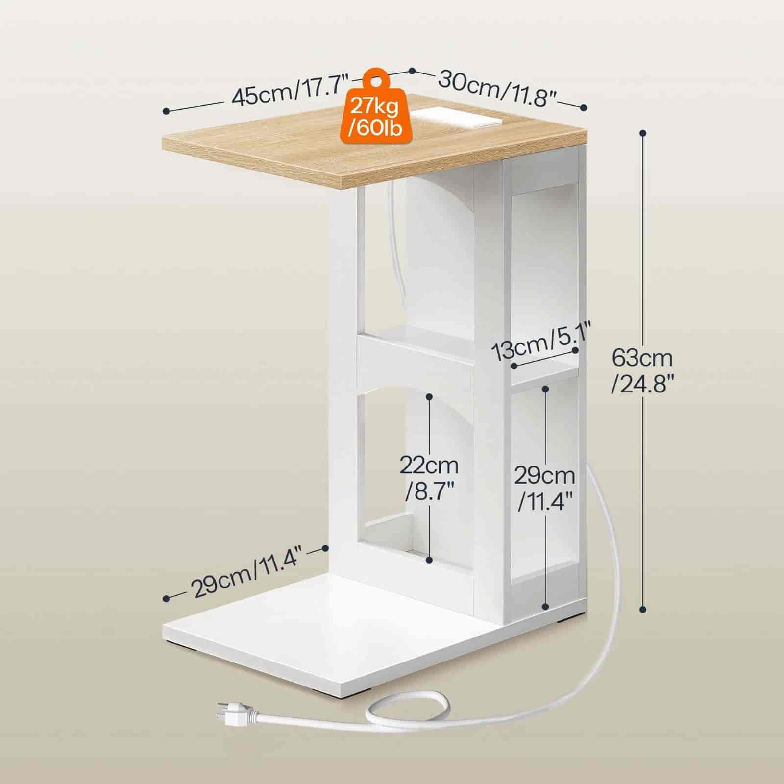 Small wooden table with dimensions and weight label on a beige background