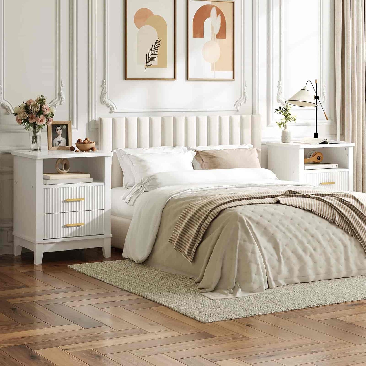 Neatly made bed in a bedroom with white headboard and nightstands.