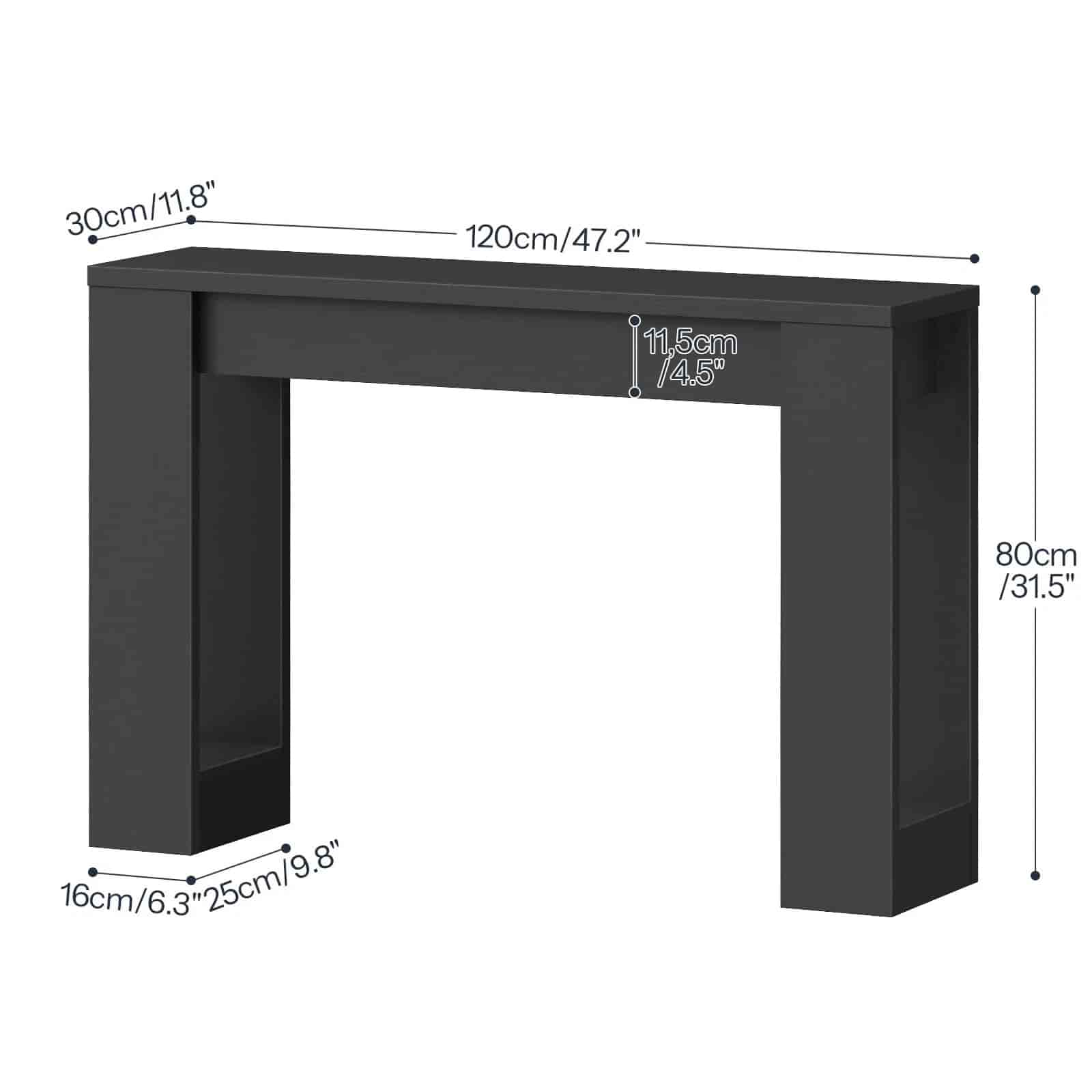 Black console table with dimensions labeled on a white background