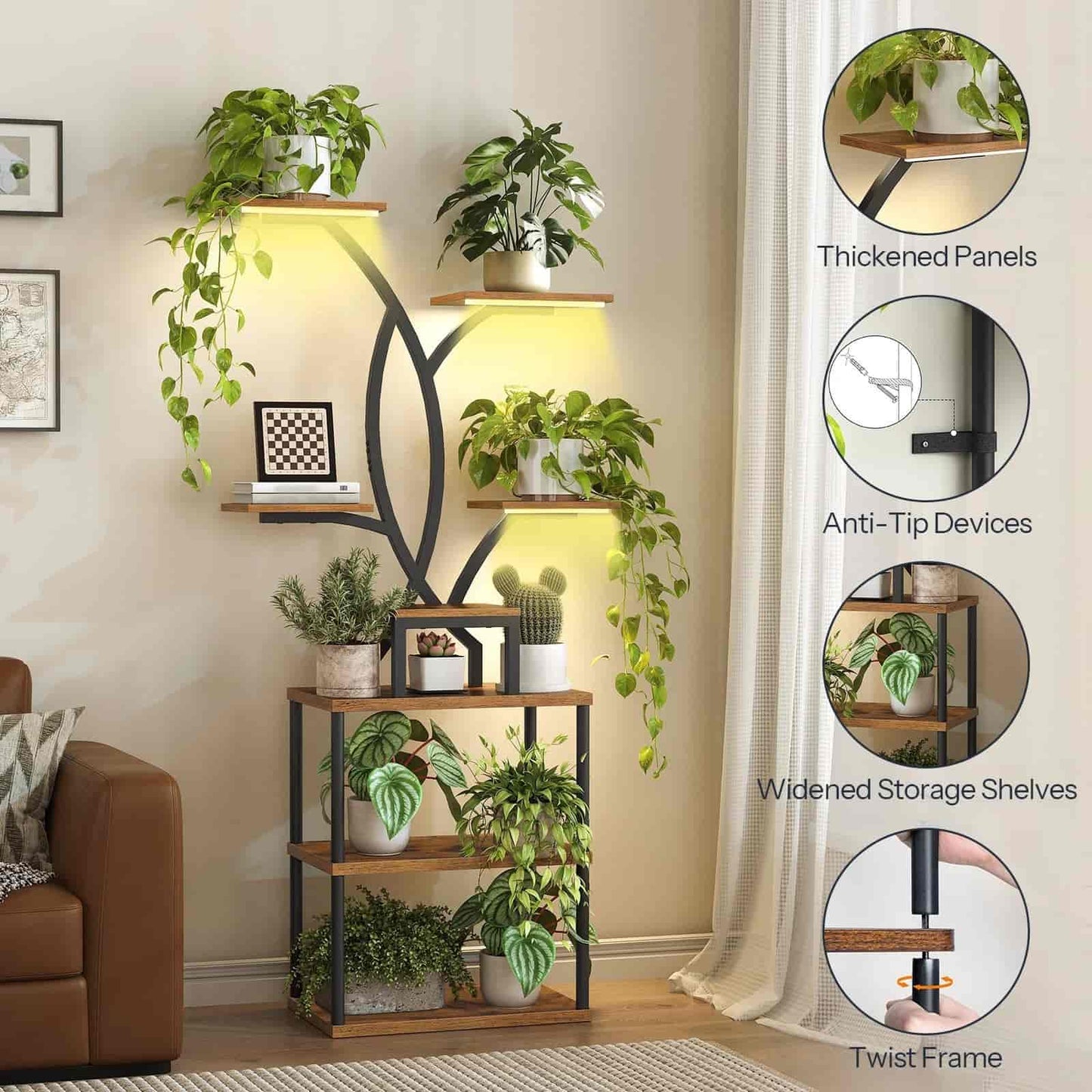 Room divider with plants and shelves in a living room setting