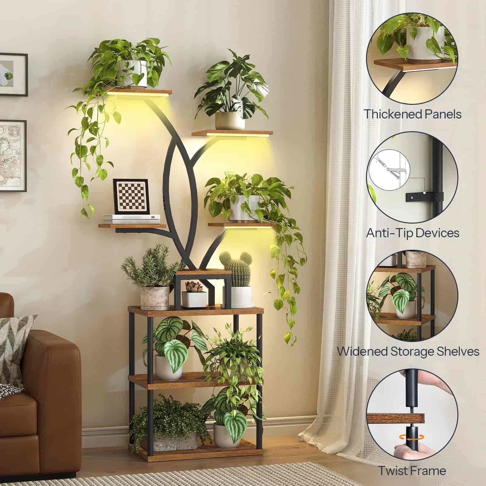 Room divider with plants and shelves in a living room setting