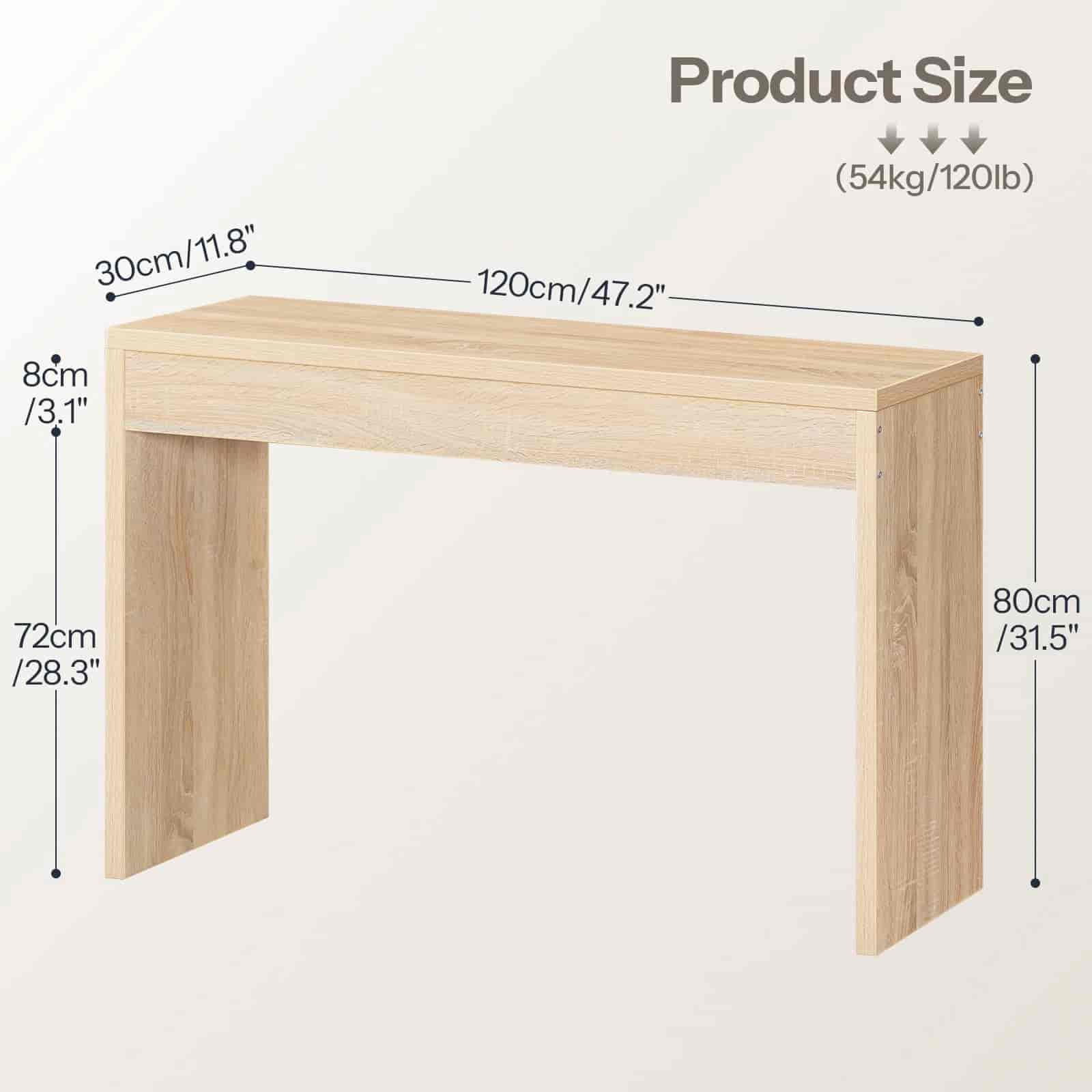 Wooden table with dimensions labeled on a white background