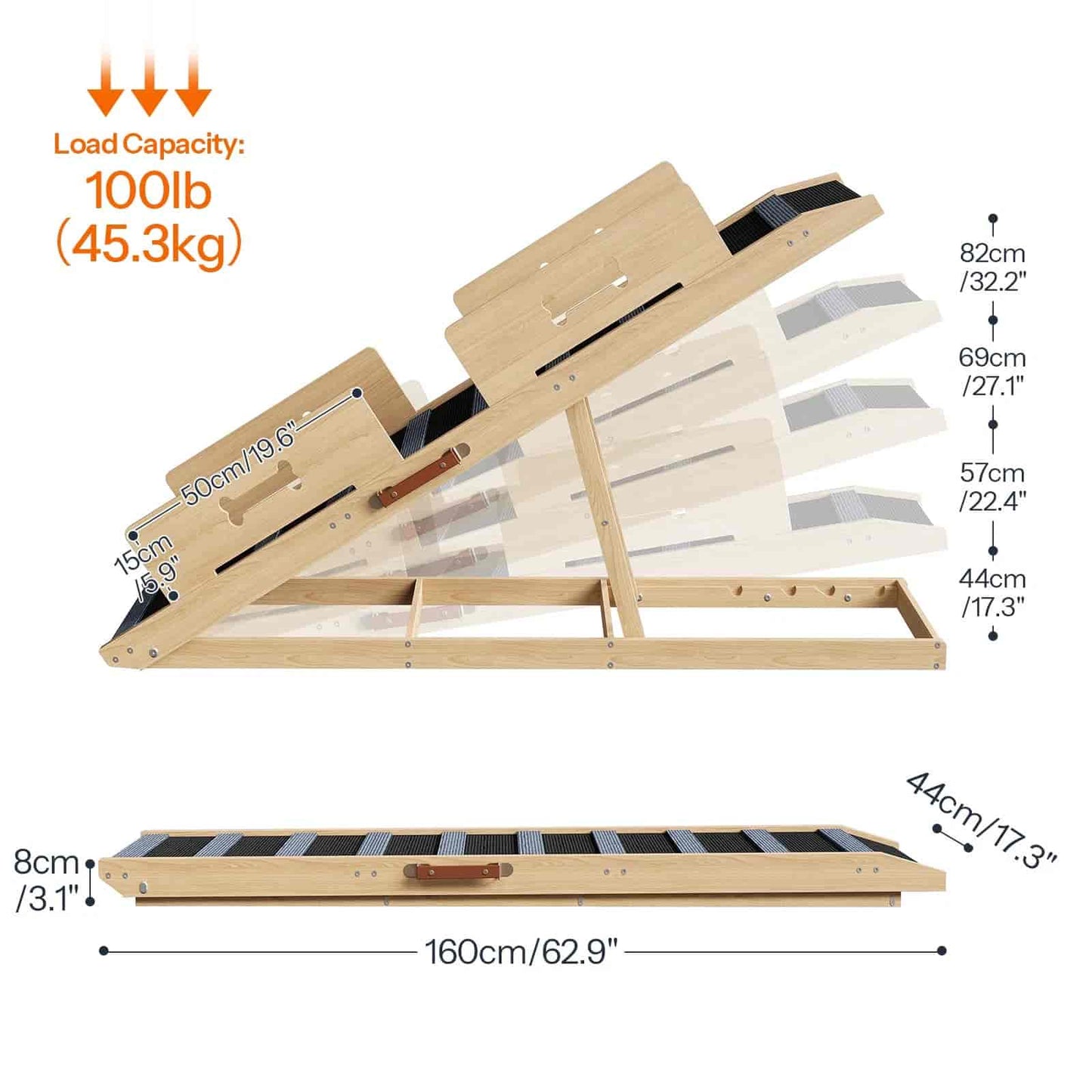 Wooden step platform with dimensions and load capacity information on a white background