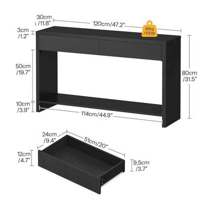 Black console table with dimensions and weight label on a white background