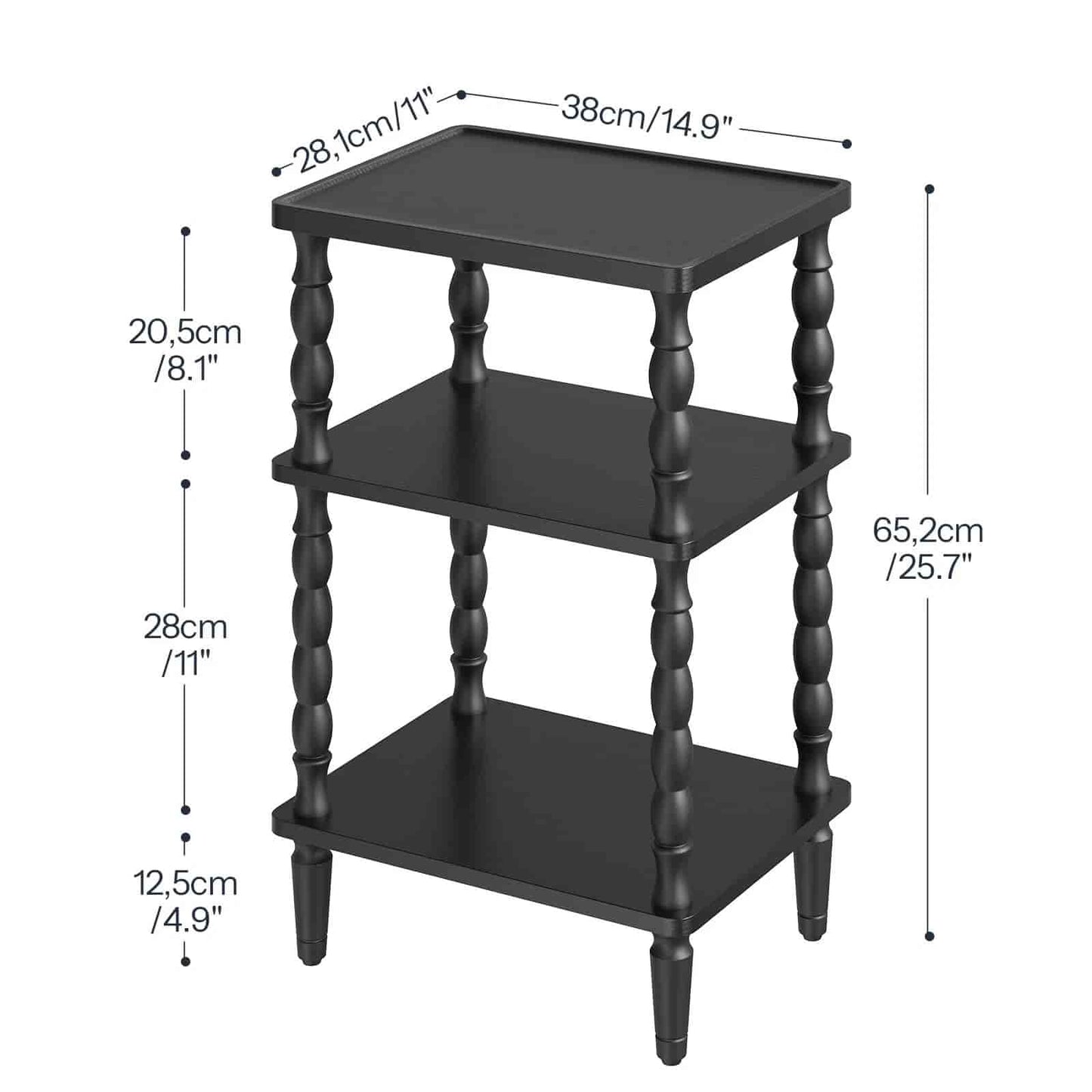 Black three-tiered side table with dimensions labeled on a white background