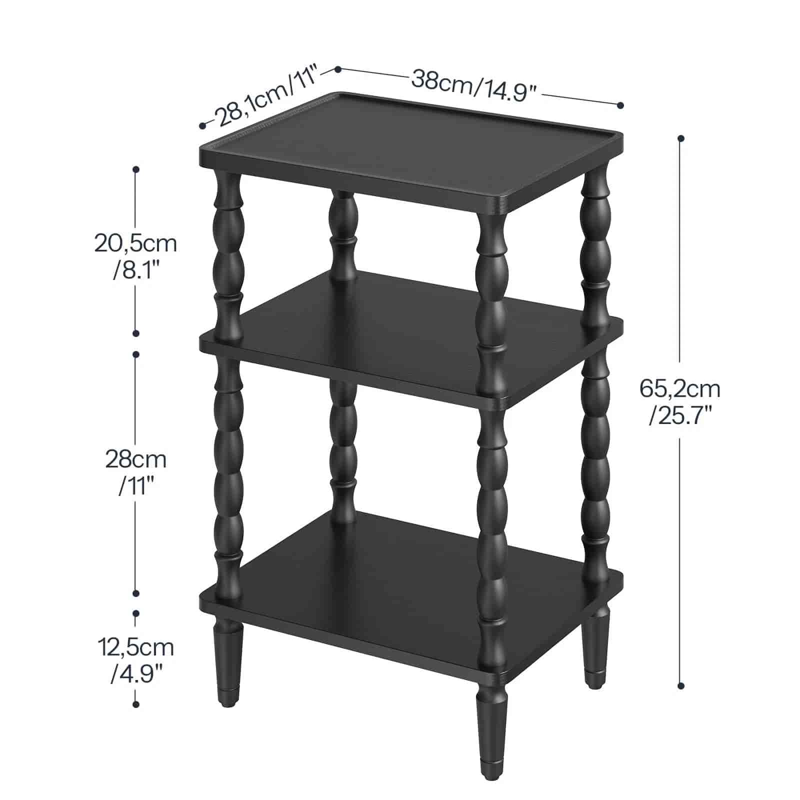 Black three-tiered side table with dimensions labeled on a white background