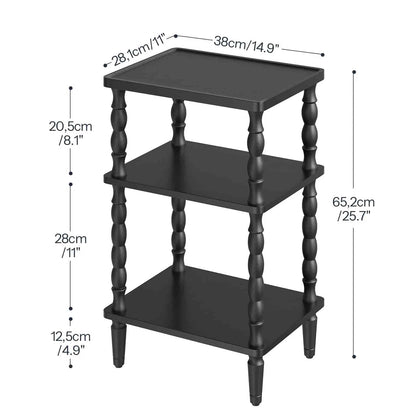 Black three-tiered side table with dimensions labeled on a white background