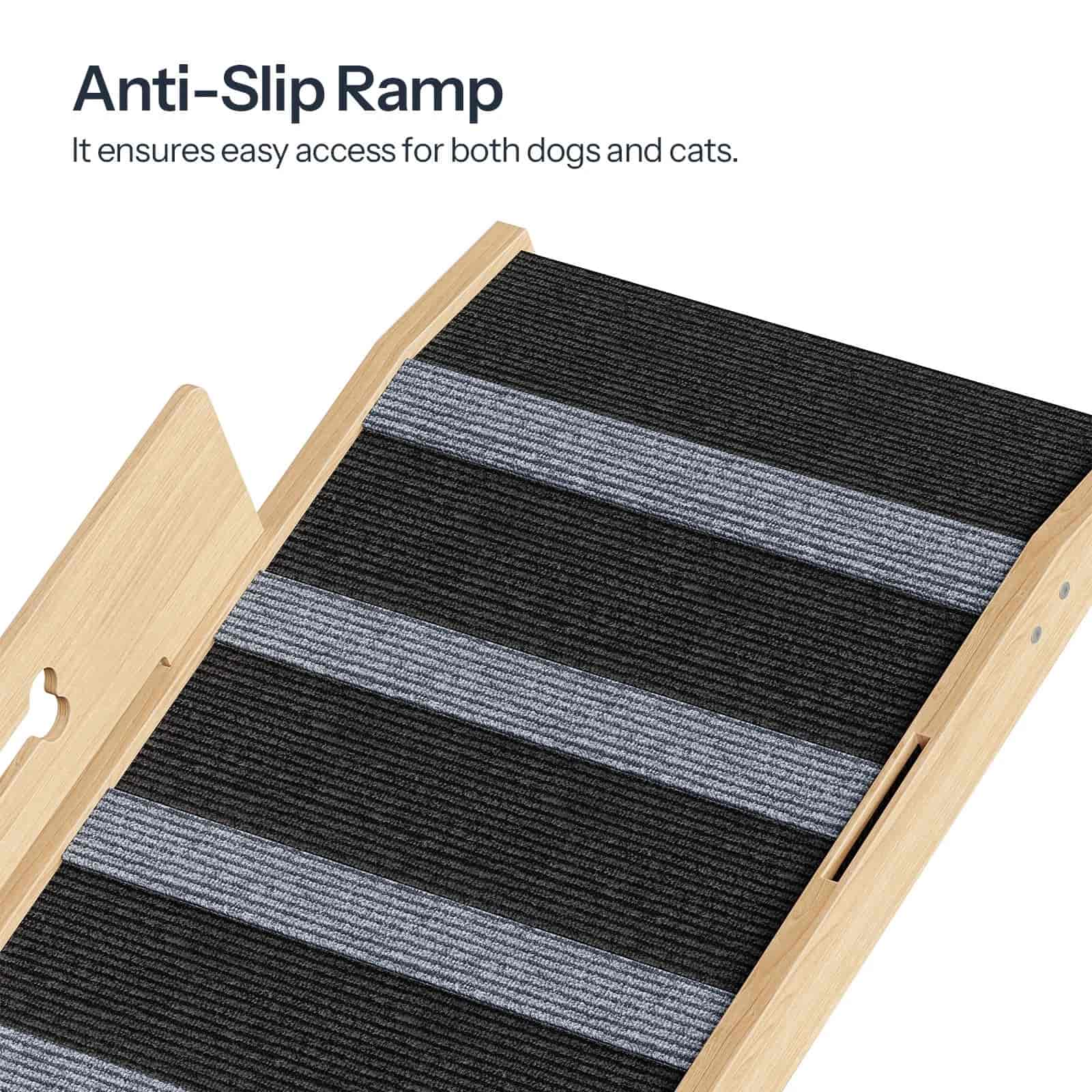 Anti-slip ramp with wooden frame and striped surface, labeled for pets.
