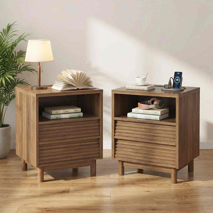 Two wooden nightstands with books and a lamp in a room setting.