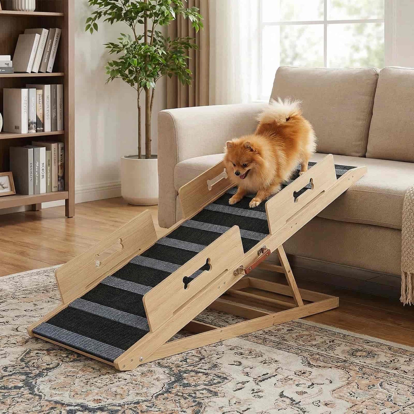 Dog using a wooden ramp to climb onto a couch in a living room.
