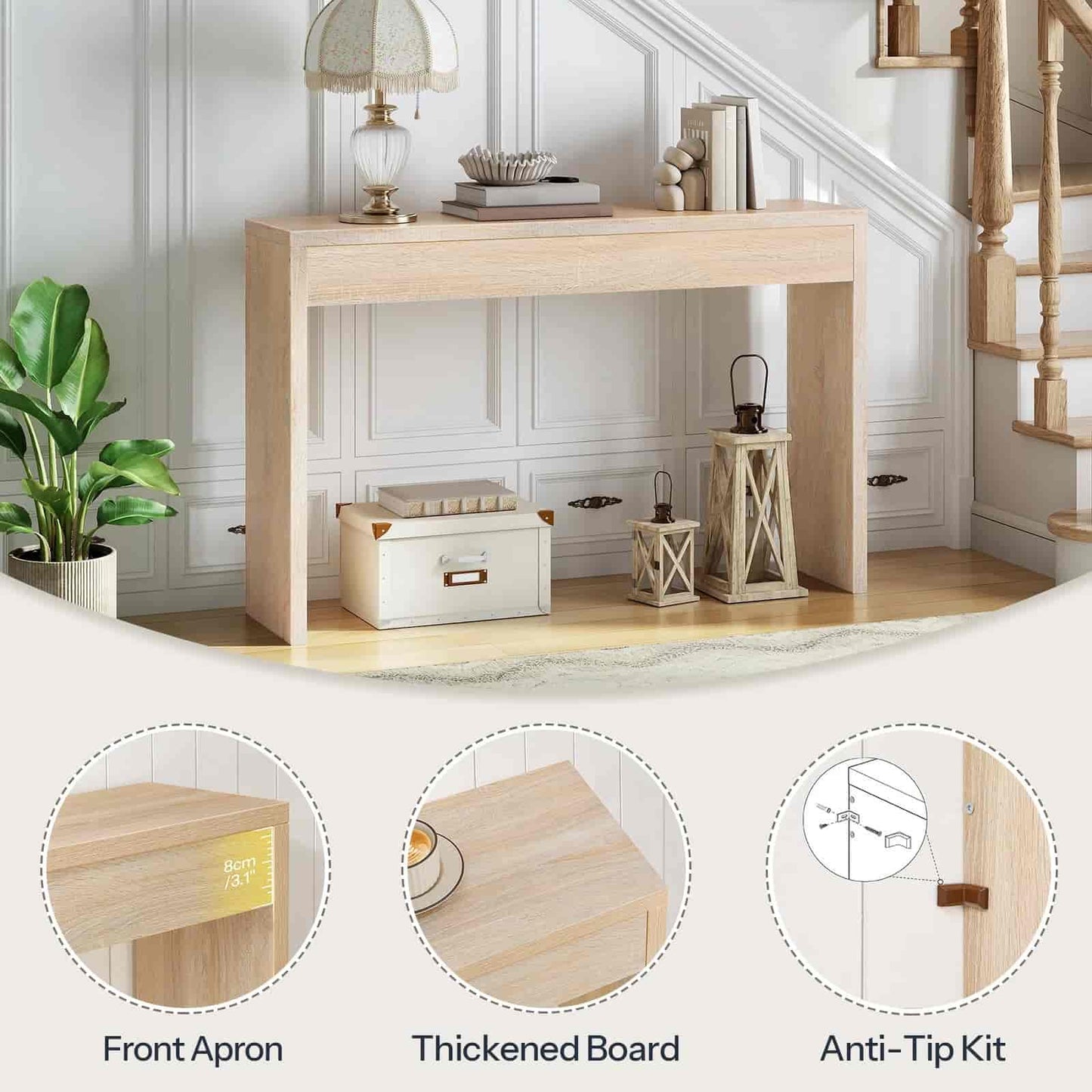 Light wood console table with decorative items in a home setting, showing close-ups of features.