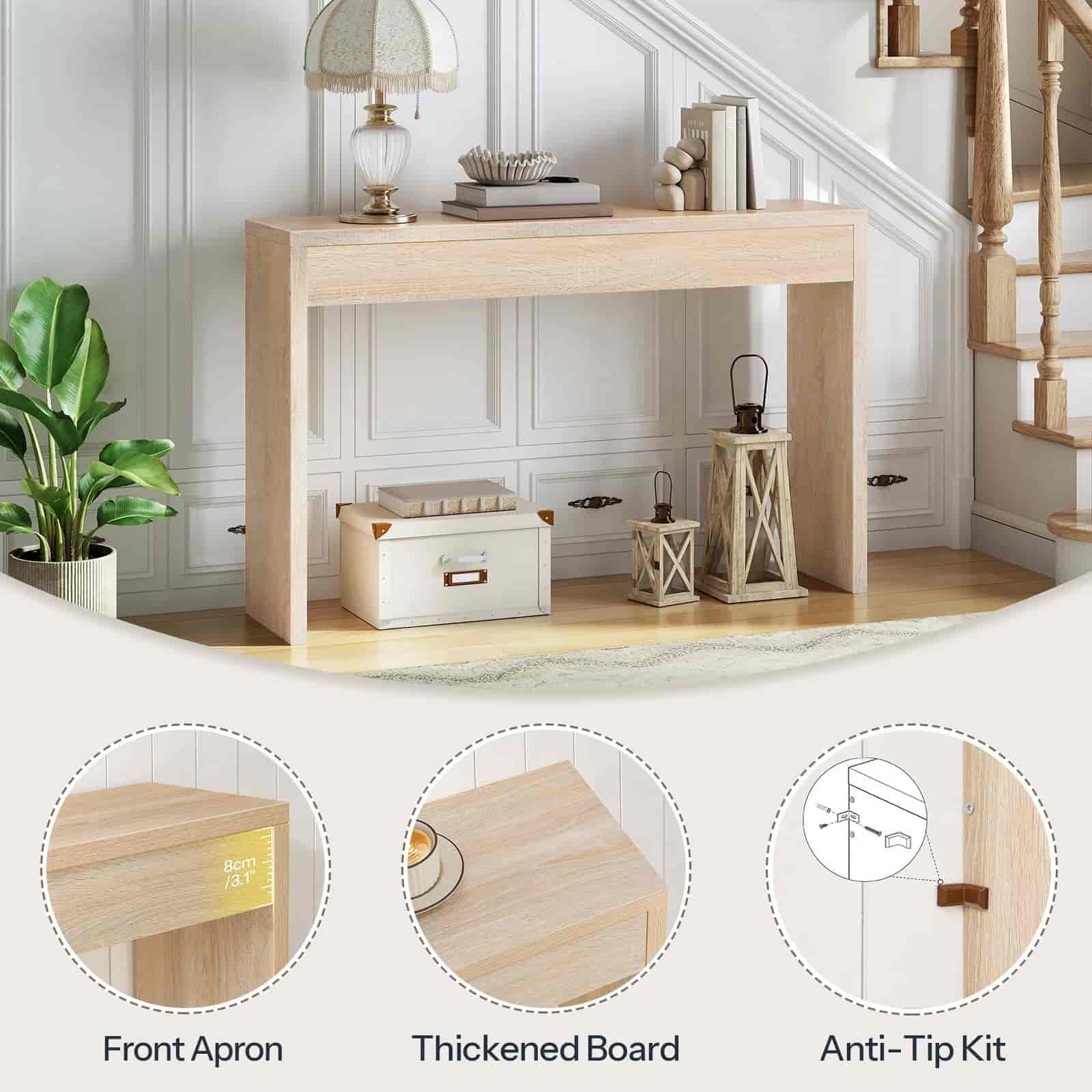Light wood console table with decorative items in a home setting, showing close-ups of features.