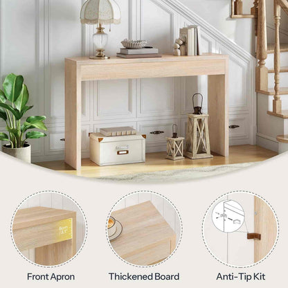 Light wood console table with decorative items in a home setting, showing close-ups of features.