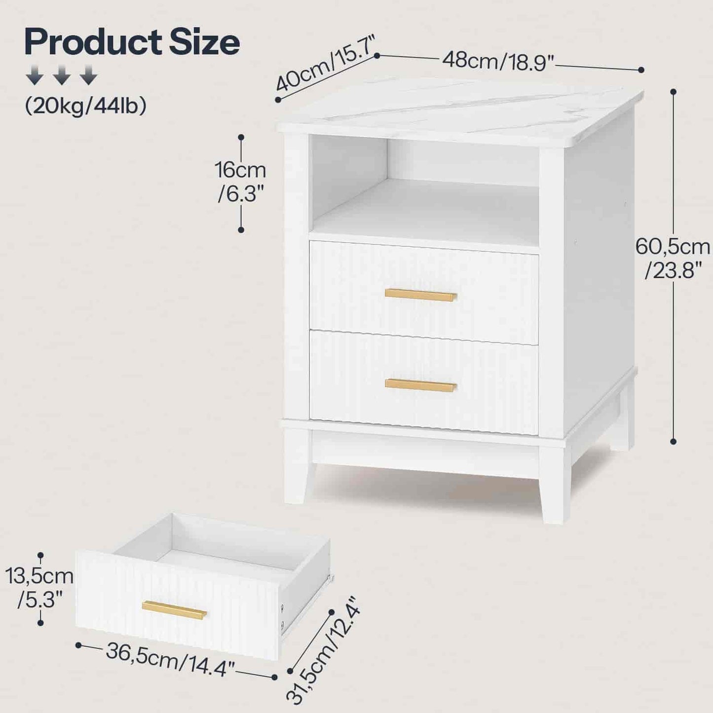 White nightstand with gold handles and dimensions labeled on a beige background