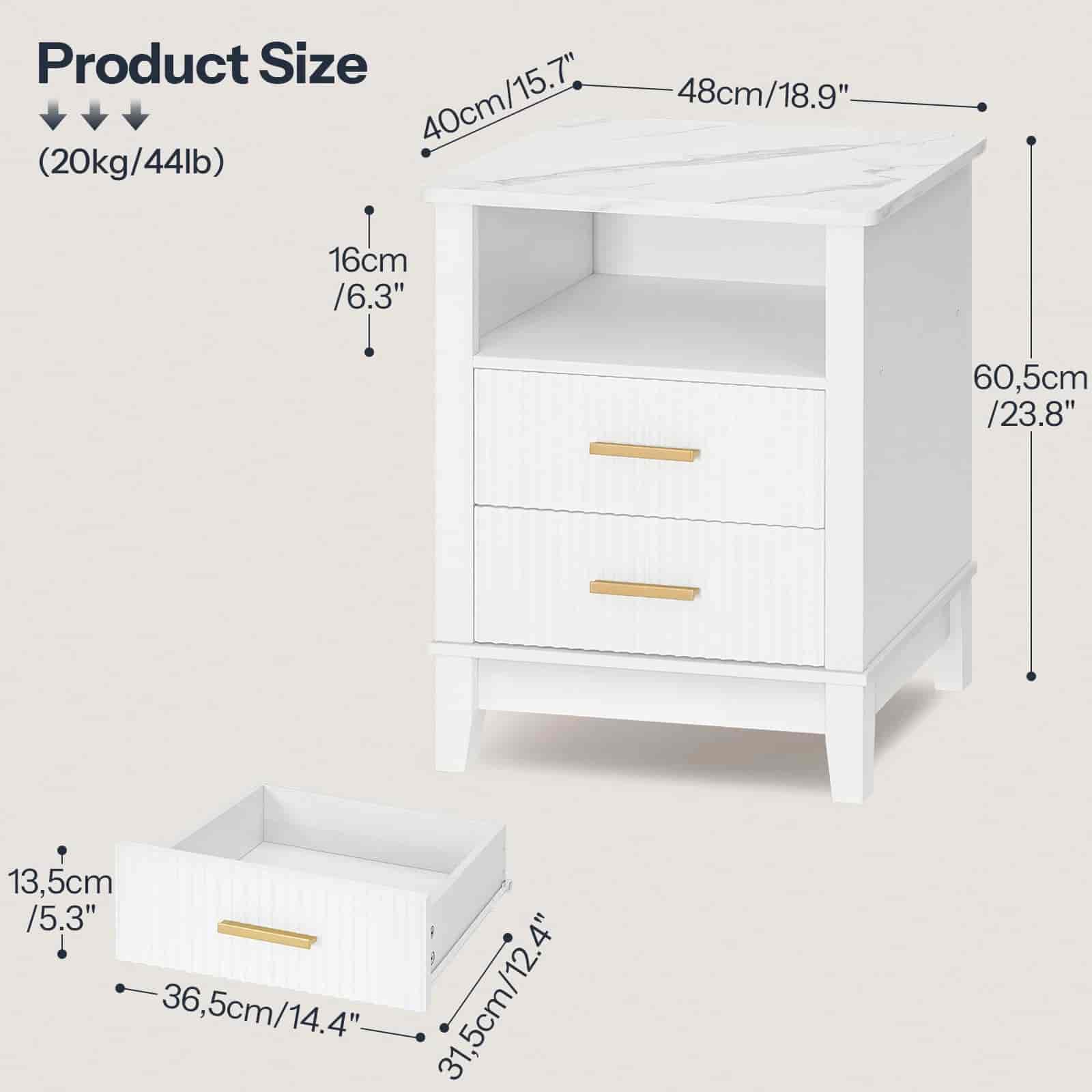 White nightstand with gold handles and dimensions labeled on a beige background