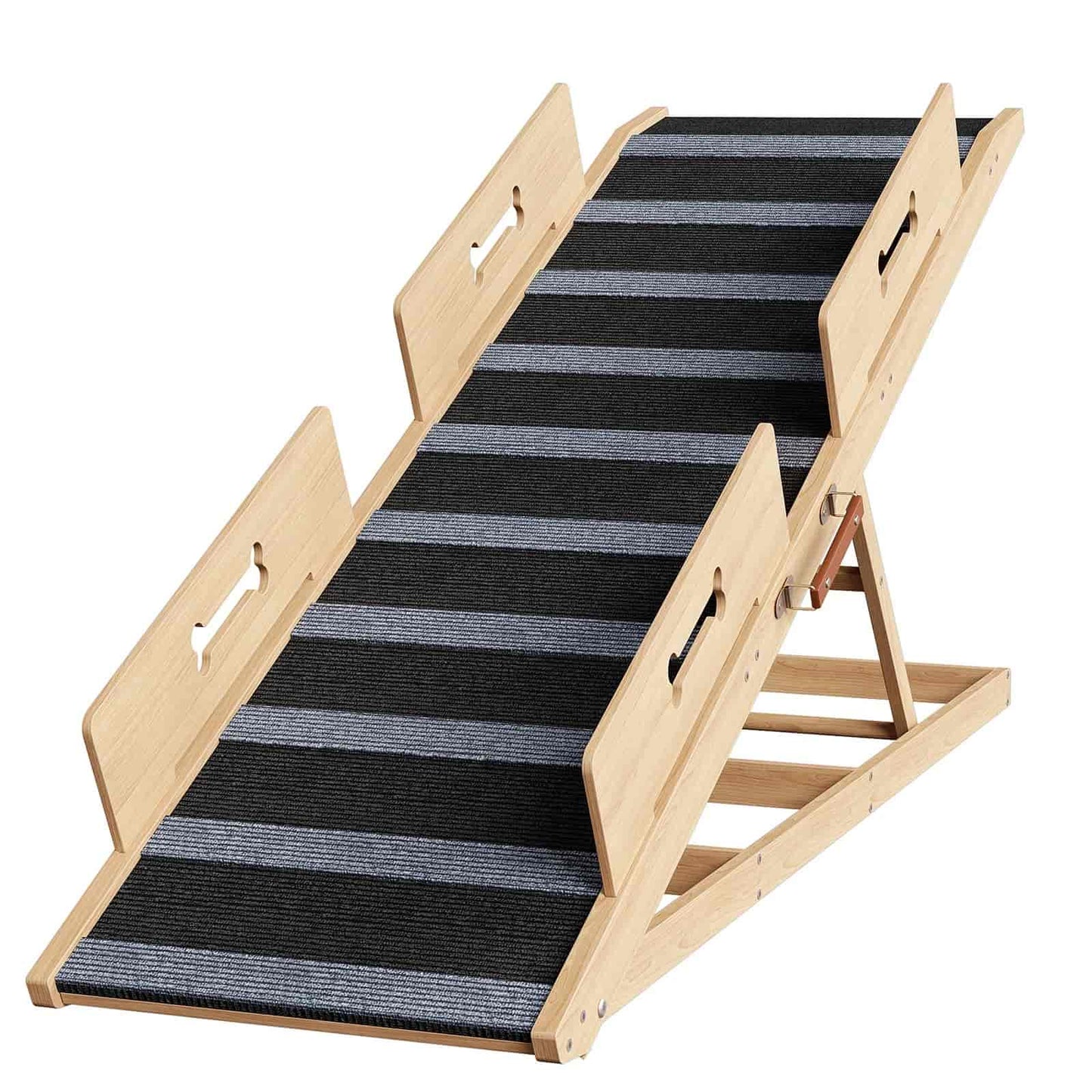 Pet ramp with striped black and gray mat and wooden frame on a white background