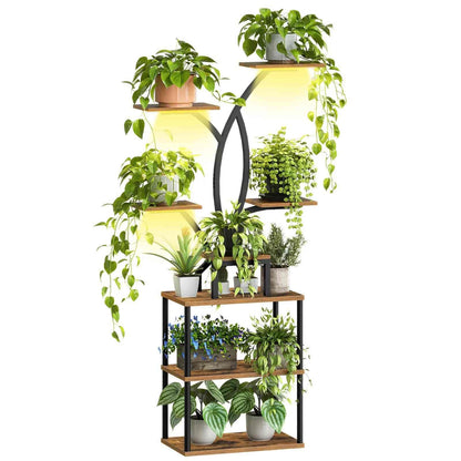 Multilevel plant stand with various potted plants on a white background