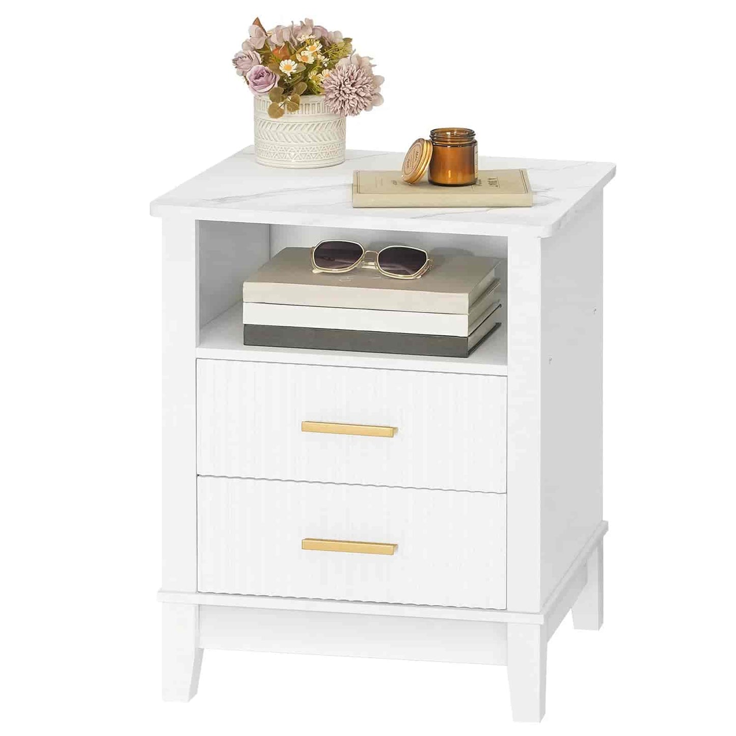 White nightstand with gold handles, books, sunglasses, and flowers on a white background
