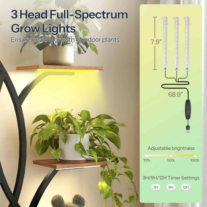 3 Head Full-Spectrum Grow Lights with plants on a shelf and specifications on a yellow background