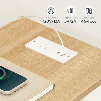 Wooden desk with built-in electrical outlets and USB ports, showing specifications on a white background.