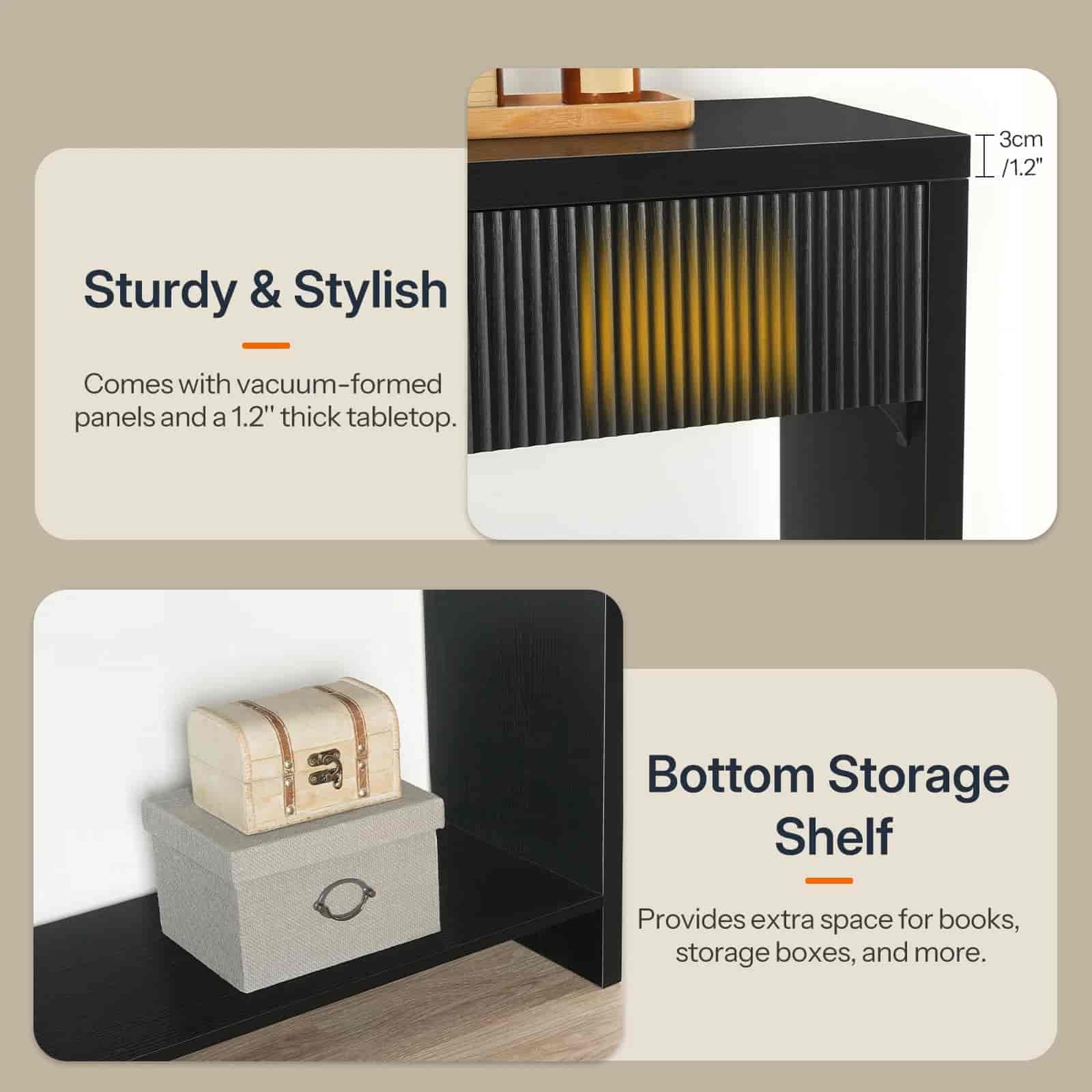 Black storage shelf with text highlighting features on a beige background