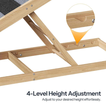 Wooden adjustable bed frame with 4-level height adjustment feature on a white background