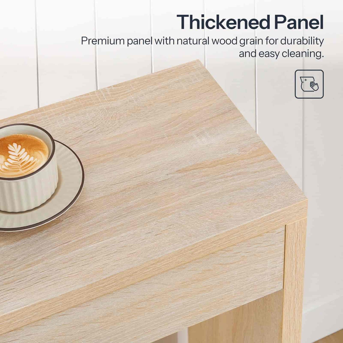 Wooden table with a cup of coffee on a white background, highlighting the thickened panel feature.